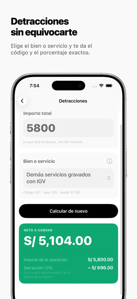 Pantalla de detracciones: código del servicio, tasa y depósito calculado
